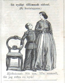 Ett rysligt tillämnadt röfveri. (På Drottninggatan). Bildskämt i Söndags-Nisse – Illustreradt Veckoblad för Skämt, Humor och Satir, nr 40, den 30 september 1866