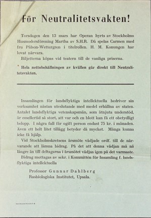 Pamflett för insamling till Neutralitetsvakten och intellektuella flyktingar