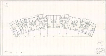 Planritning till våningarna 3-8, ritad som en våning då de är utförda på samma sätt. Våningen innehåller lägenheter om 2 rum med kokvår och 4 till 6 rum och kök.