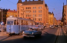 Spårvagn på linje 1 på Skånegatan strax efter Götgatan 1964