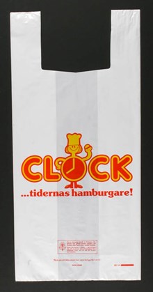 Plastkasse från hamburgerkedjan Clock