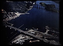 Flygbild över Liljeholmen med Liljeholmsbron, Hornstulls Strand och Årstabron 1936