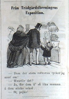 Från Trädgårdsföreningens Exposition. Bildskämt från Stockholmsutställningen 1866 i Söndags-Nisse – Illustreradt Veckoblad för Skämt, Humor och Satir, nr 39, den 23 september 1866