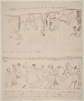 Teckning med dansande par, notblad och en interiör med människor