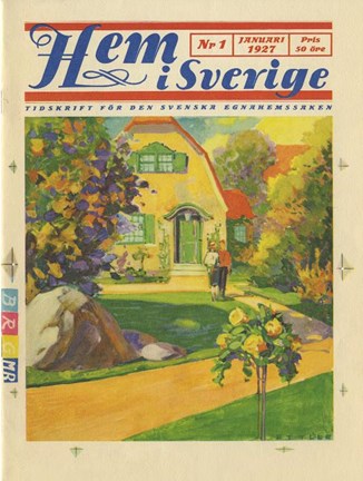Första färgglada sidan ur provexemplaret av tidningen "Hem i Sverige" 1927.