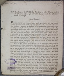 Till Juveleraren Sander, Författaren af: Några bevis, att Judarne äfven på sitt sätt bidraga till den allmänna nöden i Sverige. 