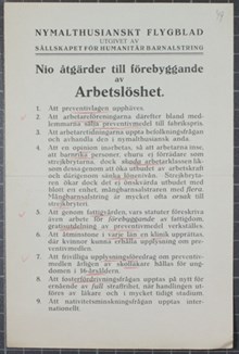 Nio åtgärder till förebyggande av Arbetslöshet - flygblad från Sällskapet för Humanitär Barnalstring 1922