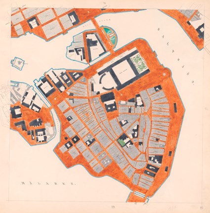 Äldre handritad karta i färg över Gamla stan