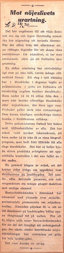"Mot nöjeslivets urartning" tidningsnotis 1930