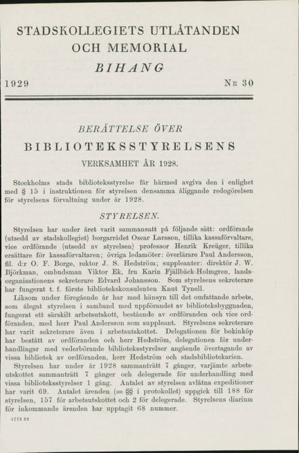 Beskrivning av Stadsbibliotekets invigning och byggnad i Biblioteksstyrelsens årsberättelse 1928