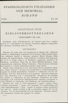 Beskrivning av Stadsbibliotekets invigning och byggnad i Biblioteksstyrelsens årsberättelse 1928