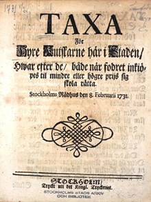 Taxa för Hyre kutskarne här i Staden, hwar efter de, både när fodret inkiöpes til mindre eller högre prijs sig skola rätta. Stockholms Rådhus den 8. februarii 1731. 
