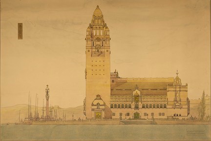 Fasadritning i stort format utförd i tusch och akvarell på papper, rådhuset mot öster