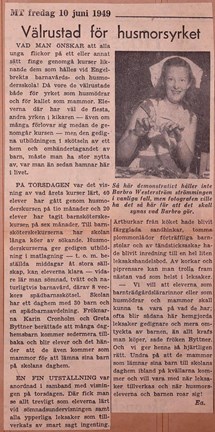 Tidningsartikel om välbehövlig husmoderskurs hos Engelbrekts barnavårds- och husmodersskola.