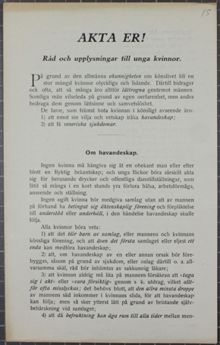 AKTA ER! Råd och upplysningar till unga kvinnor - sexualupplysningspamflett 1924