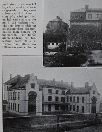 Utsnitt ur tidskriften med svartvitt foto av medicinska paviljongen, sett från Polhemsgatan, samt en liten bit av texten