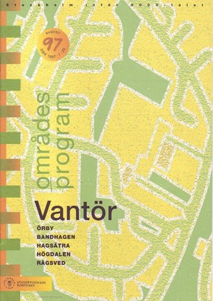  Framsida områdesprogrammet med grön och svart text mot förenklad design av gatunät i grönt och gult