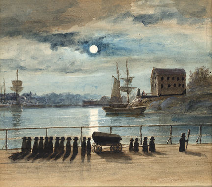 Bron mellan Skeppsholmen och Blasieholmen i månsken. På bron går en skara barn som svarta siluetter, i mitten en vagn med en kista. Bilden föreställer ett begravningståg för en skeppsgosse.