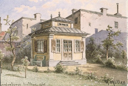 Ett litet lusthus i en trädgård som tillhört Emanuel Swedenborg