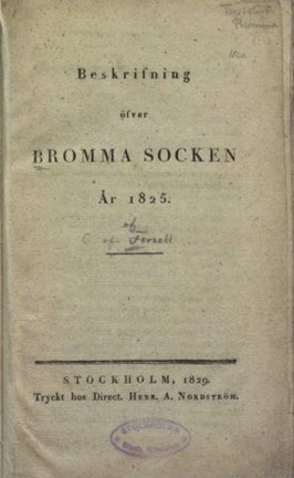 Försättsblad till boken "Beskrifning öfver Bromma".