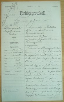 Änkan Augusta Maria Blomquist, 45, häktad för lösdriveri 19 juni 1891 - polisförhör
