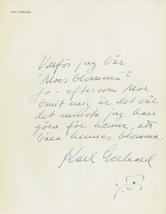 Karl Gerhard skriver i ett brev från 1941 om varför han väljer att bära Mors blomma