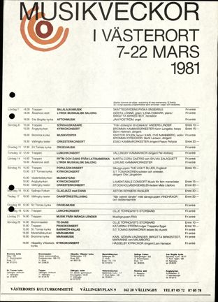 Maskinskrivet program för musikveckor i Västerort från Västerorts kulturkommitté
