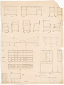 Carl Malmsten – ritning till möbler för borgarrådsrum i Stadshuset