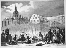 Stockholmska vinterbilder af K. A. Ekvall: Barnens kälkbacke vid Carl XIII:s torg. Teckning i Ny Illustrerad Tidning, nr 3 den 19 januari 1867