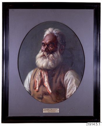 Oljemålning av en äldre man med hög panna, mörk hy och vitt hår och skägg. Han har brun väst, ljus skjorta och en snusnäsduk knuten om halsen