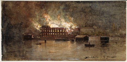 Målning som visar när byggnaden Eldkvarn brann