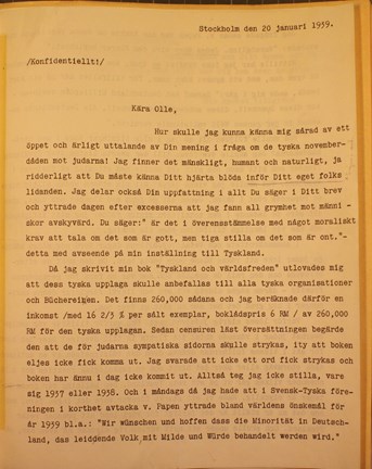 Sven Hedins brevsvar till Olof Lamm den 20 januari 1939
