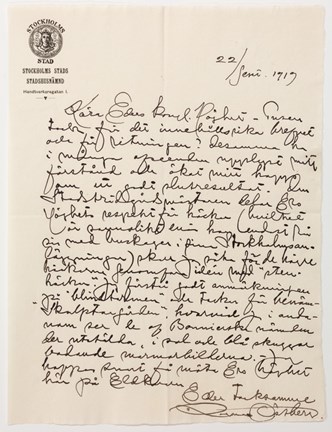 Handskrivet brev ifrån Ragnar Östberg till Prins Eugen