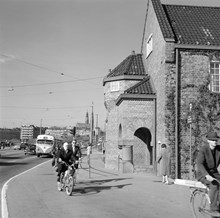 Liljeholmens station före rivningen 1959. Högalidskyrkan i fonden