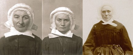 Svartvita fotografier av de tre lärarinnorna vid Katolska pojkskolan.