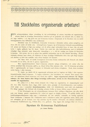 Flygblad från Kvinnornas fackförbund om att stötta kvinnoorganiseringen 1905