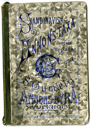 Melerat bokomslag med blå text som presenterar Skandinavisk Annons-taxa från S. Gumaelius Annons-byrå