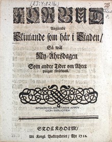 "Förbud Angående Skiutande som här i Staden, så wäl Ny-Åhrsdagen Som andre Tider om Åhret plägar föröfwas" 1721 
