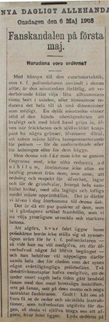 Fanskandalen på första maj. Hurudana voro orderna? - pressklipp 1908