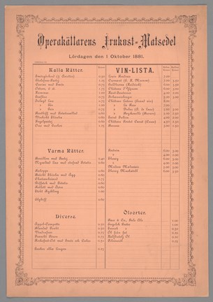 Frukostmatsedel från Operakällaren, 1881