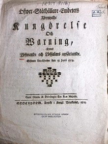 Öfwer-Ståthållare-Embetets Förnyade Kungörelse Och Warning, Emot Löfwande och Löfsalars upsättande. Gifwen Stockholm den 13 Junii 1803.