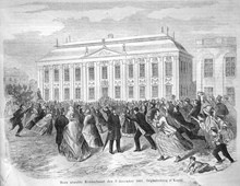 Scen utanför Riddarhuset den 7 december 1865. Originalteckning af Konrad. Litografi i Illustrerad Tidning, nr 50 den 16 december 1865.