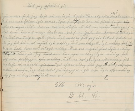 Handskriven dagboksanteckning av elev på Manillaskolan.