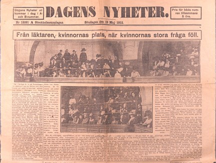 Artikel om riksdagsdebatt om kvinnors rösträtt i Dagens Nyheter 1912