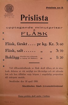 "Prislista upptagande minutpriser å Fläsk" 1918