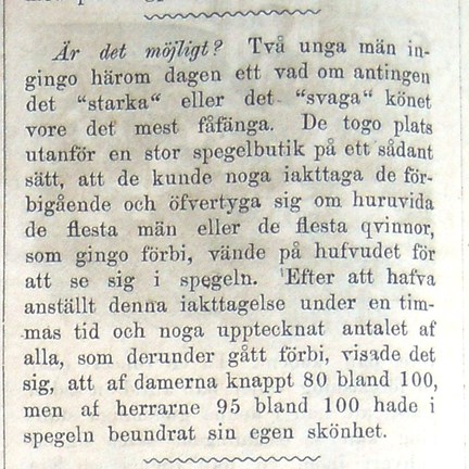 Notis om manlig och kvinnlig fåfänga i Söndags-Nisse – Illustreradt Veckoblad för Skämt, Humor och Satir, nr 20, den 20 maj 1866