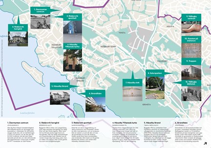 Kartbild över Hässelby och Vällingby med utpekade platser inklusive bilder. I nedre delen av bilden finns texter om vardera plats.