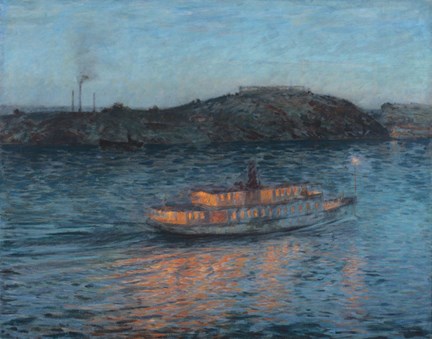 I prins Eugens landskapsvy från Waldemarsudde skildras en upplyst ångbåt på väg in mot Stockholm i skymningen. 