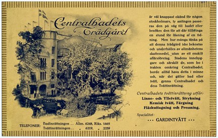 Reklamtryck i blått och gult på gulnat på papper, bild på Centralbadets trädgård sam text.