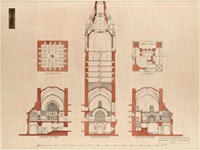 Ragnar Östbergs tävlingsförslag Rådhus ”Mälardrott” 1905, sektioner och planer tornet